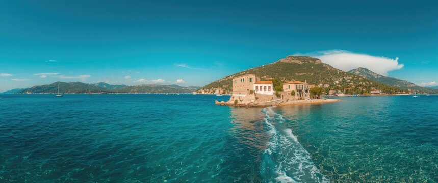 Vathy Bay panoramic outlook along Ithaca's eastern shoreline, a Greek island in the Ionian Sea