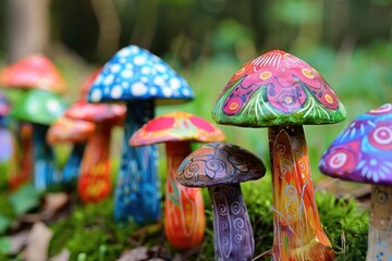 Naklejka premium Brightly painted mushrooms add a touch of whimsy to a lush, green forest setting