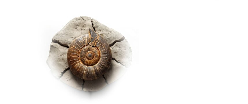 Large ammonite fossil from an extinct mollusc inside a fractured concretion isolated on white