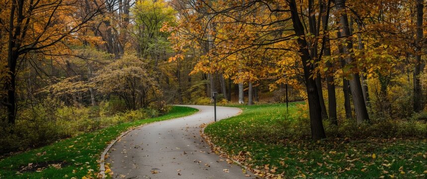 Long Island City Queens New York: Empty Curving Trail in Queensbridge Park During Autumn with Colorful Trees