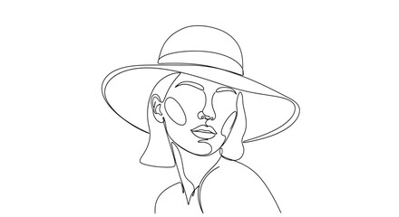 Woman Wearing Hat Simple Line Drawing.