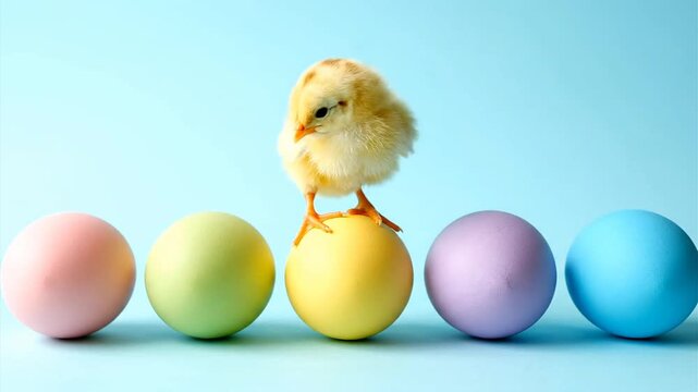 Yellow chick stands on egg with colorful eggs on a light blue backdrop