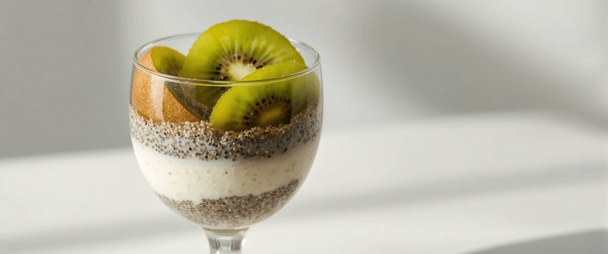 Chia seed and kiwi parfait presented in a glass