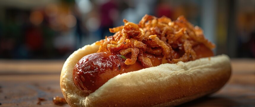 Close-up of a street hot dog featuring grilled sausage and fried onions