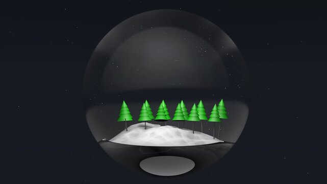 The camera flies around a glass Christmas ball with Christmas trees inside from three sides against the backdrop of a dark sky with stars.