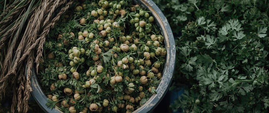 Detailed view of raw herbs including wild chive, shepherd's purse, Mugwort, and water parsley on a plastic basin during spring sale in South Korea