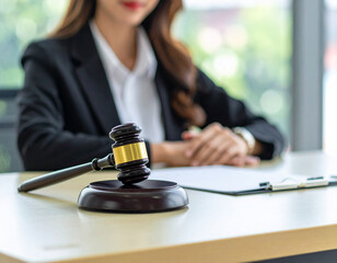 Person at a desk with judge gavel symb justice and law. Symbol for crime, judgement, legislation and judicial decisions. image was generated with AI and does not show a real person,action or products.