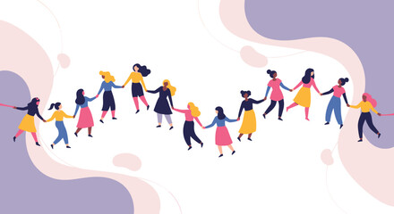 Fototapeta premium Long Chain of Diverse Women Holding Hands in a Wave Pattern Across an Abstract Background Representing Unity and Support for International Women's Day Illustration, Generative AI.