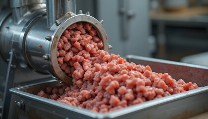 Meat grinder processes raw meat into finely minced texture, showcasing the grinding action,...