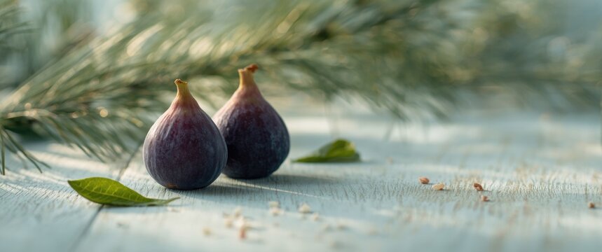 Two whole purple figs arranged flat on light wood surface, featuring food, green and blue accents, tropical vibe