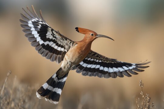 Eurasian hoopoe flying with wings wide open.