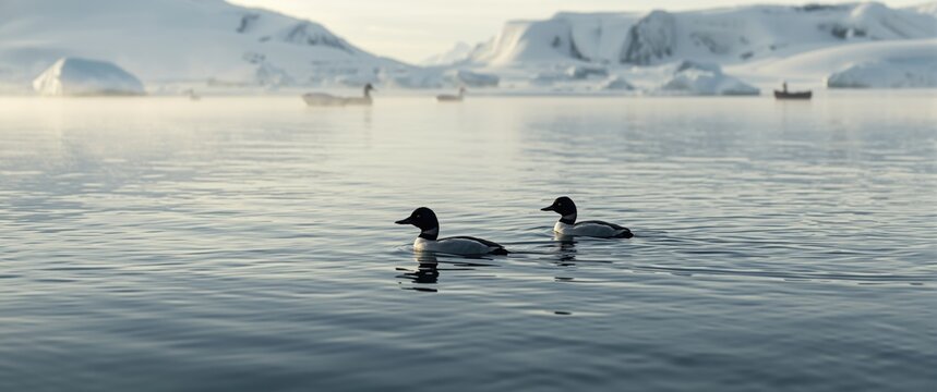 Common male eiders (Somateria mollissima) swimming on the water at Bjornfjorden, Svalbard, Norway