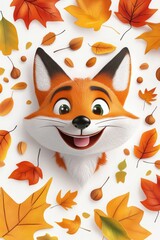 Obraz premium Cute cartoon fox sitting among colorful autumn leaves