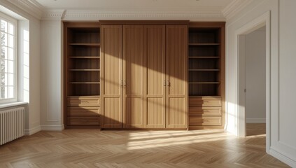 Modern dressing room with spacious, unoccupied storage, used for furniture arrangement or organization focus