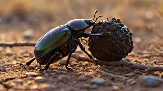 A dung beetle, with iridescent shell, pushes a dung ball across rough, sunlit ground