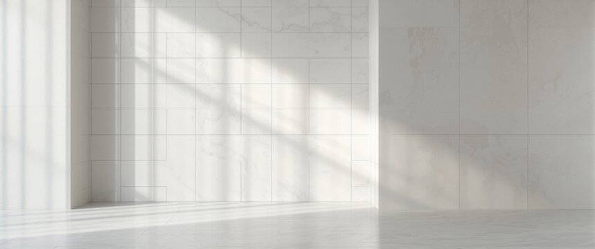 Background with white ceramic tiles, including tile floor and wall for design and presentations, horizontal white tile wall