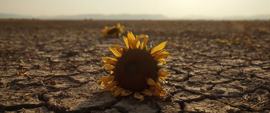 Detailed view of a dead sunflower in a dry, arid landscape. Effects of climate change and desertification