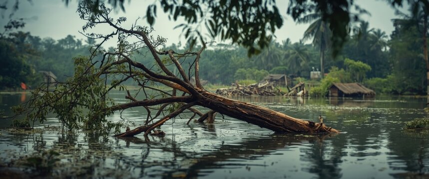 Super cyclone Amphan uproots trees and damages a pond in Howrah, West Bengal, India - Blurred image