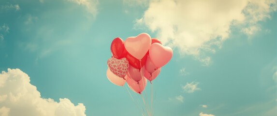 Fototapeta premium Colorful heart-shaped balloons soaring in a vintage-themed scene with a blue sky background, representing love for summer, Valentine, and wedding occasions