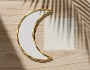 Minimalist Ramadan Crescent Tray and Blank Card Mockup Gold Rim