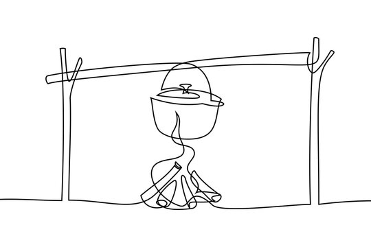 Outdoor cooking in continuous line art drawing style. Cauldron hanging over an open fire. Adventure hiking and backpacking. Black linear sketch isolated on white background. Vector illustration