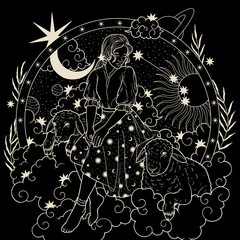 Vector illustration of zodiac signs in a synthage linear retro engraving style with baroque elements. Astrology and tarot	