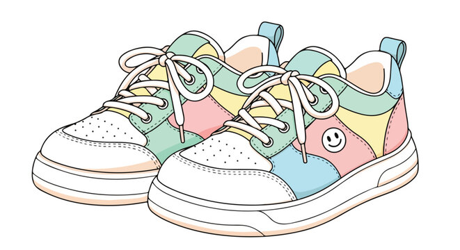 Colorful illustration of a pair of children's sneakers with smiley face design on a white background.