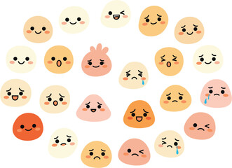 Fototapeta premium Cute pastel emoji faces set with various emotions, round cartoon emoticons, playful minimal vector illustration