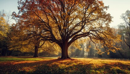 Fototapeta premium Sunlit autumn forest scene with colorful foliage, emphasizing seasonal transition