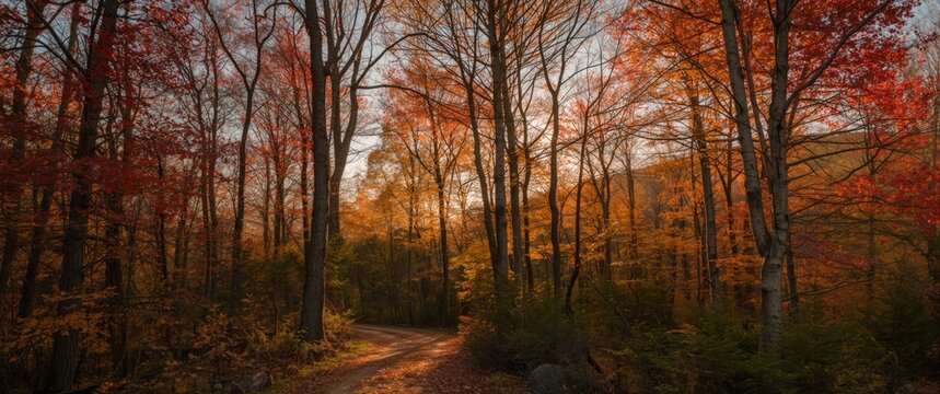 Colorful autumn nature in the forest with vibrant evening light and sunrays through branches