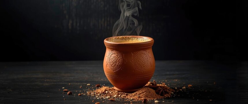 Spiced Indian masala chai tea karak with milk in a clay glass on a black wooden surface
