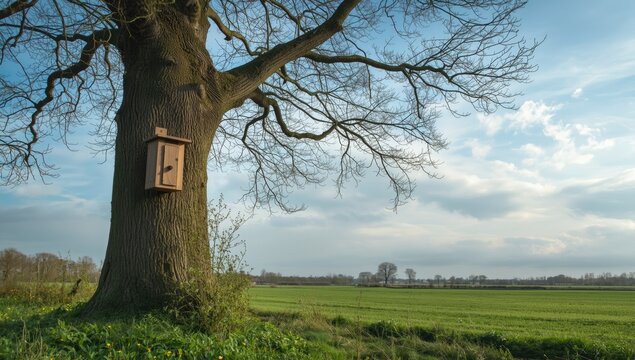 Large tree in the Dutch countryside with a bat box installed for wildlife habitat enhancement