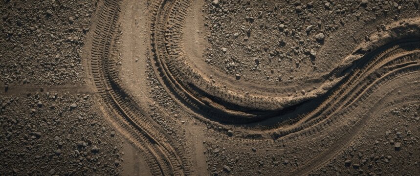 Panoramic perspective of gravel road from above showing tire marks