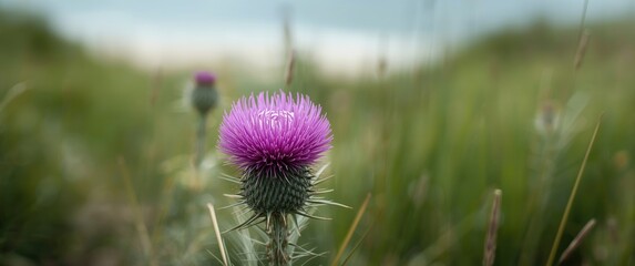 Close-up of Macro spear thistle (Cirsium vulgare), called bull thistle, plumed thistle, scotch thistle, roadside thistle, located in the dunes of Quiberon Peninsula, Brittany, France