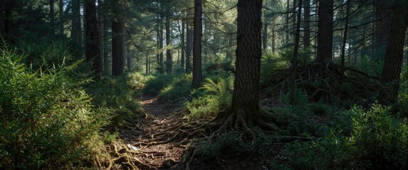 Obraz premium Mysterious trail covered with roots in the heart of a wooden coniferous forest in Corse, France, encircled by lush greenery and ferns