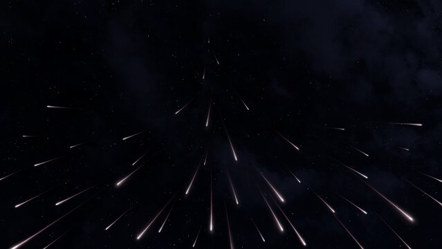 Meteor stream in the sky. Bright starburst on a black background. Meteorite trails at night. Shooting stars isolated.
