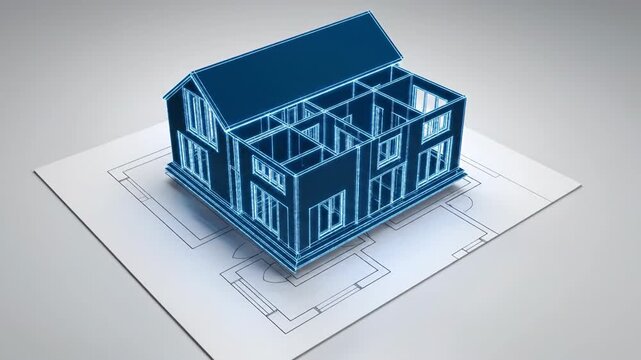 Seamless loop of a clean white architectural 2D floor plan smoothly transforming and building up into a minimalist 3D wireframe house model visualization transforming, development, house