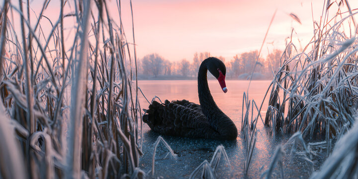 Black swan on a frozen lake, surrounded by frost covered reeds during a pink sunrise in early spring, wildlife conservation and nature background