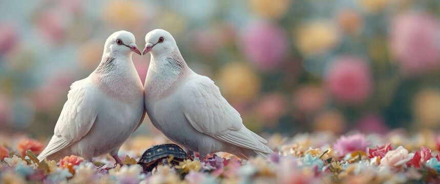 Two white imperial pigeons on a floral backdrop - ducula