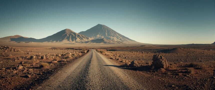 Majestic desert landscape featuring a gravel road leading to impressive mountains beneath a clear sky. Suitable for travel, adventure, and nature themes. Volcano Teide area. Tenerife. Canary Islands