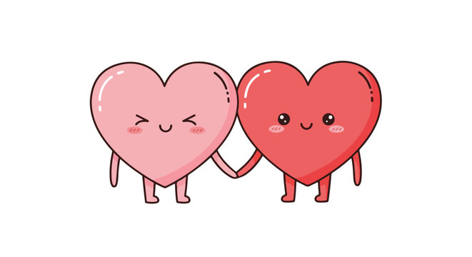 Two cute cartoon hearts holding hands with smiling and blushing faces on a white background in a playful and affectionate mood.