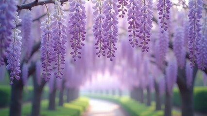 Fototapeta premium Japanese wisteria flowers hanging in purple cascades, spring garden spectacle, romantic floral display
