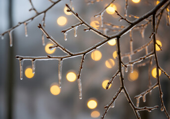 Icy tree branches covered in clear glaze with delicate icicles, set against a background of warm golden bokeh lights, perfect for winter holiday and seasonal designs.