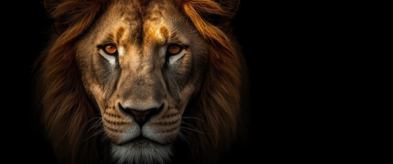 powerful lion male featuring bright orange eyes and bleached face, portrait against black backdrop, inquisitive gaze, sun-consecrated mane