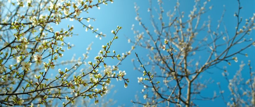 As spring approaches, budding branches reach up towards the bright blue sky, with a clear, cloudless background symbolizing renewal and growth.
