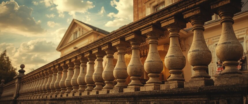 Series of baluster cones support parapets or railings, resulting in a balustrade structure