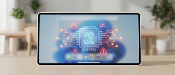 Cybersecurity AI Artificial Intelligence Warning Tablet Error Vulnerability concept showing a glowing CPU with warning signs and a brain icon for data breach and risk management.
