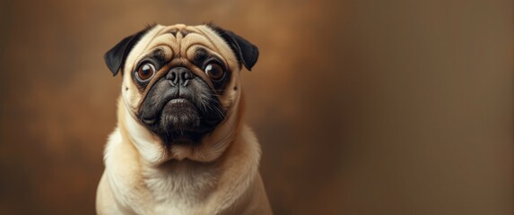 Scared dog pug with guilty face, sad expression, and funny background