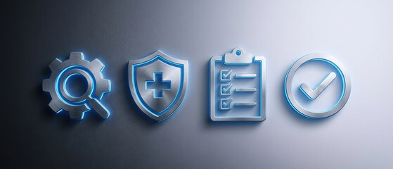 quality control compliance security checklist process management insurance icons representing business safety regulatory audit and corporate procedure standards in 3D style.