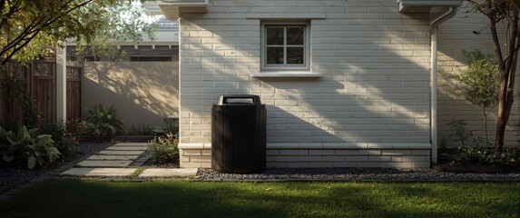 Large black garbage bin next to the home